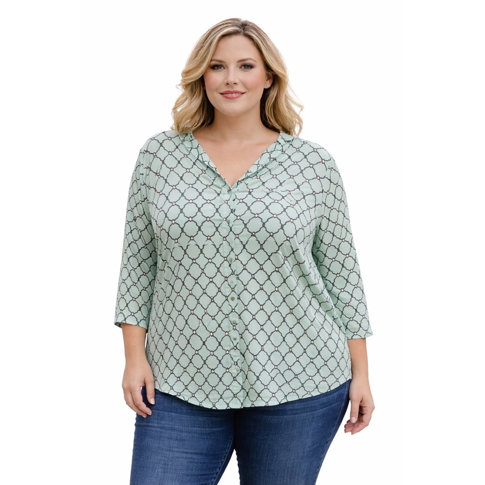 Charter Club Blouse Women XL Mint Green Geometric V-Neck 3/4 Sleeve‎ Top Office